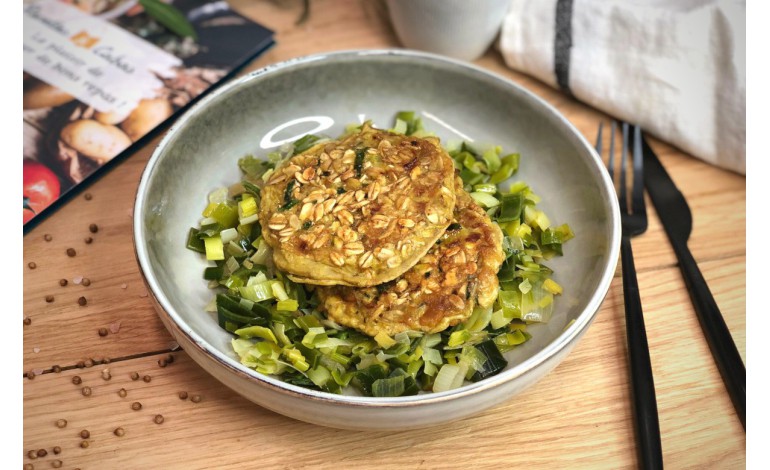 Oatmeal pancakes - Fondue of leeks with curry
