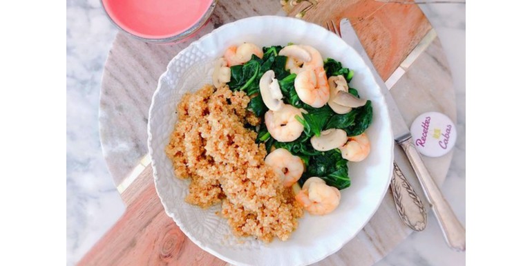 Sauteed prawns with quinoa curry, baby spinach and mushrooms