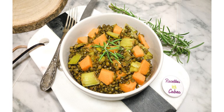 Stewed lentils with rosemary, pumpkin and leek